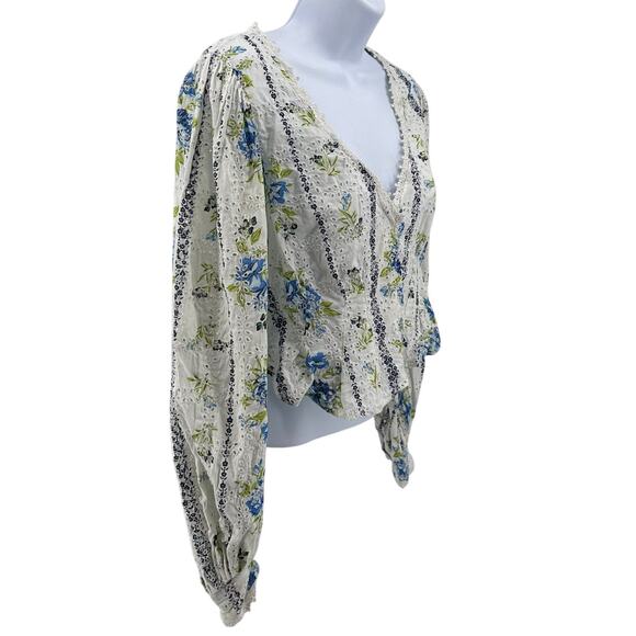 Free People Top White Womens XS Boho Floral Eyelet Cropped V-Neck Long Sleeve - Picture 3 of 8